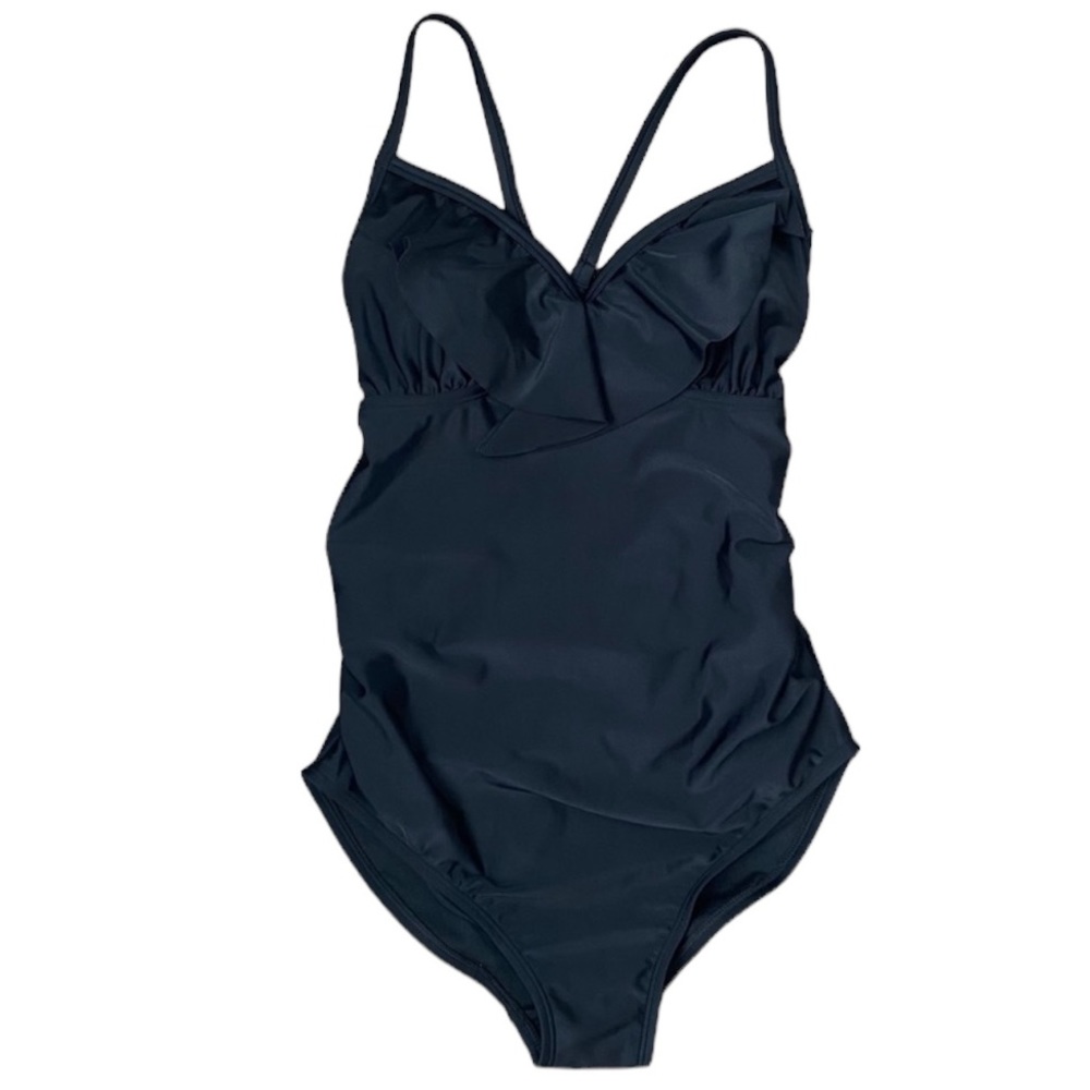 NWOT Isabel Maternity black scalloped halter top one piece swimsuit size small